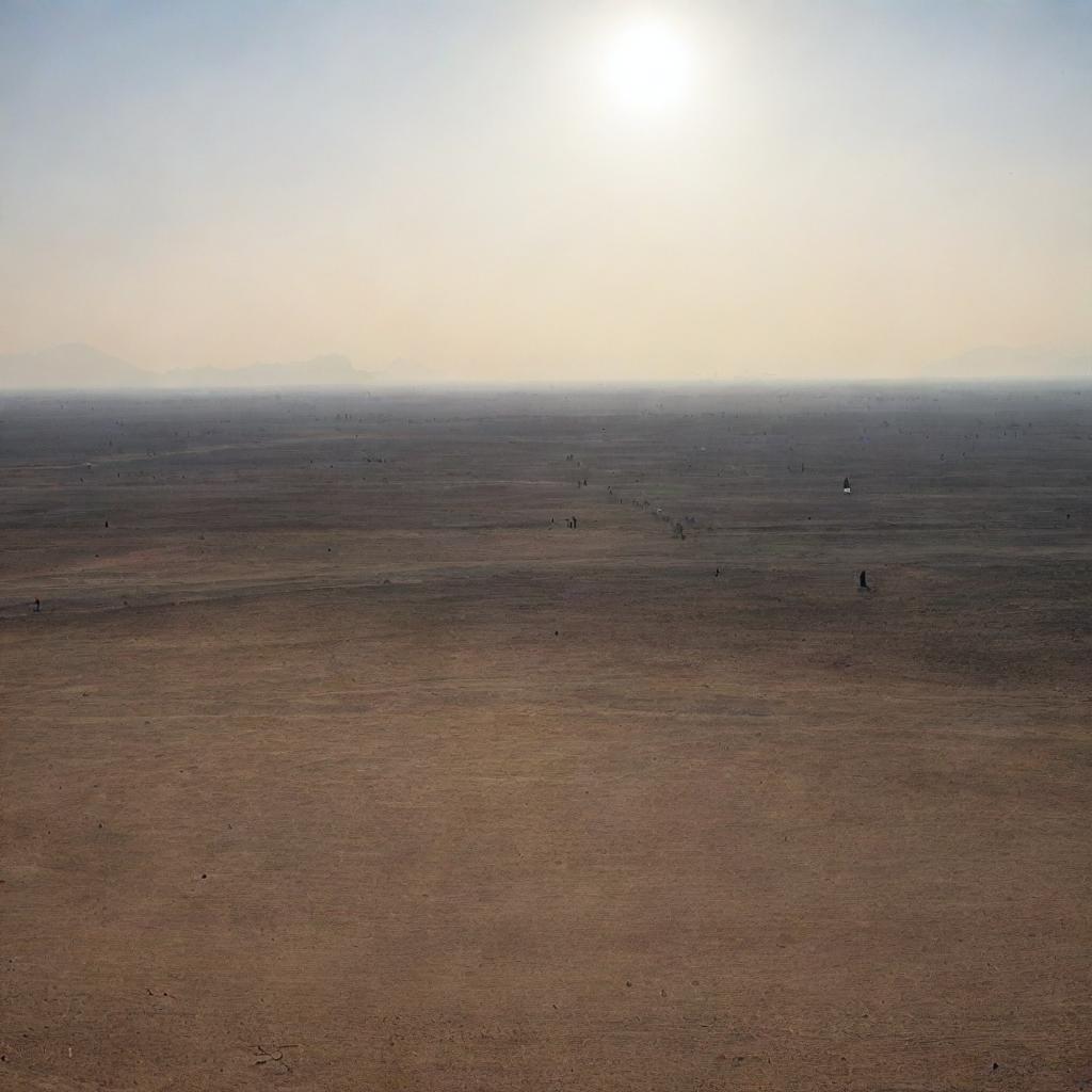 A vast, barren landscape, the Padang Mahsyar, with resurrected humans and an oppressively close sun hanging only a handspan from the ground