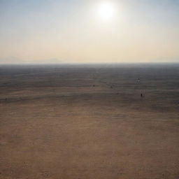 A vast, barren landscape, the Padang Mahsyar, with resurrected humans and an oppressively close sun hanging only a handspan from the ground