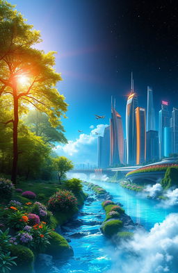 A serene and mystical landscape that represents the beauty of two worlds coexisting