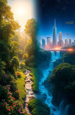 A serene and mystical landscape that represents the beauty of two worlds coexisting