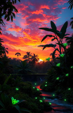 A breathtaking sunset in a fantastical world, featuring lush green plants and foliage all around