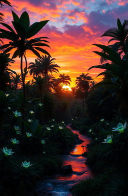 A breathtaking sunset in a fantastical world, featuring lush green plants and foliage all around