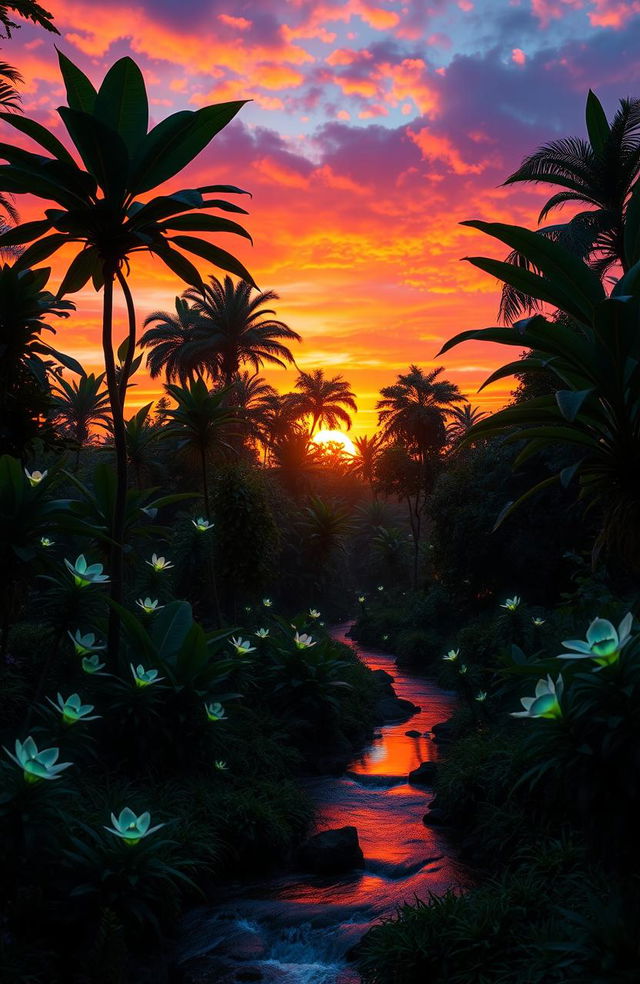 A breathtaking sunset in a fantastical world, featuring lush green plants and foliage all around