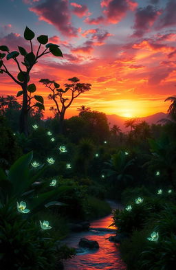 A breathtaking sunset in a fantastical world, featuring lush green plants and foliage all around