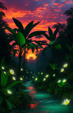 A breathtaking sunset in a fantastical world, featuring lush green plants and foliage all around