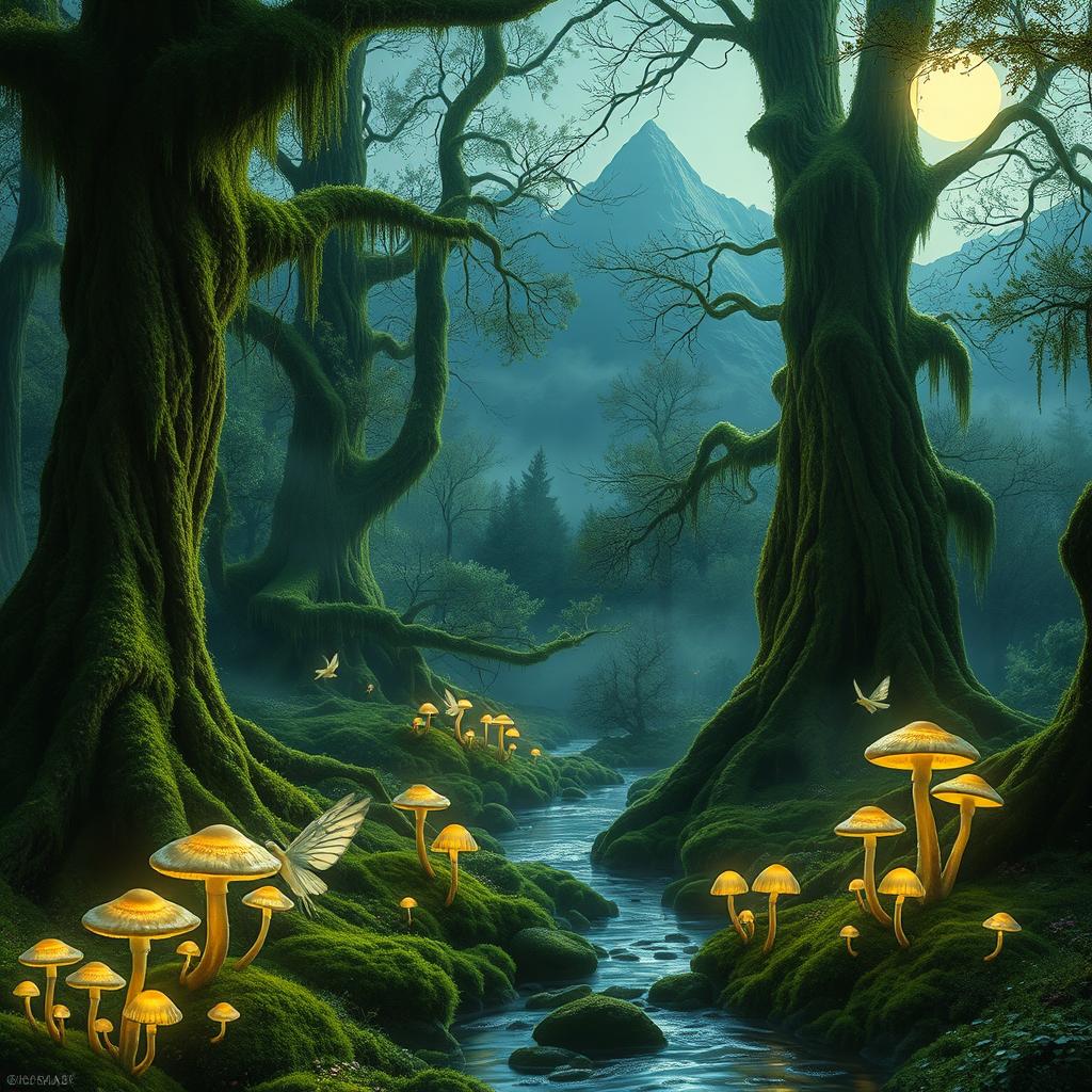 A mystical enchanted forest filled with towering ancient trees draped in vibrant green moss