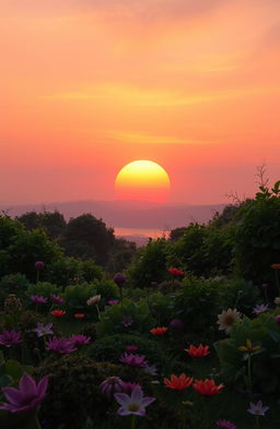 A breathtaking sunset over a fantasy world characterized by lush green plant life