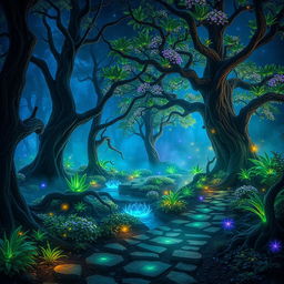 A mystical and enchanting forest filled with luminous, bioluminescent plants and trees that create a magical glow