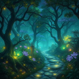 A mystical and enchanting forest filled with luminous, bioluminescent plants and trees that create a magical glow