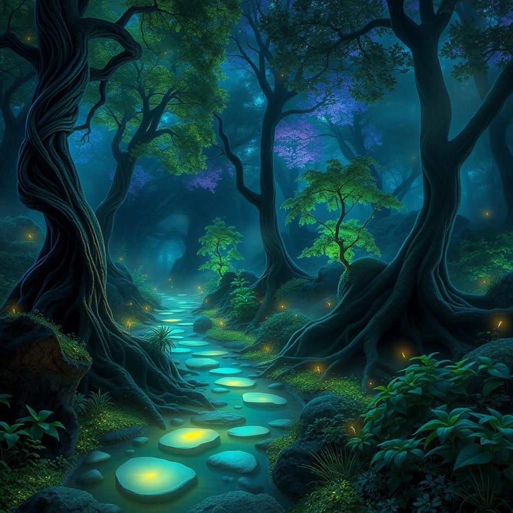 A mystical and enchanting forest filled with luminous, bioluminescent plants and trees that create a magical glow