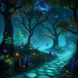 A mystical and enchanting forest filled with luminous, bioluminescent plants and trees that create a magical glow