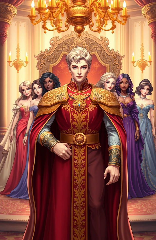 A regal blonde king stands confidently at the forefront of a beautifully illustrated royal romance book cover