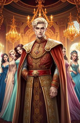 A regal blonde king stands confidently at the forefront of a beautifully illustrated royal romance book cover