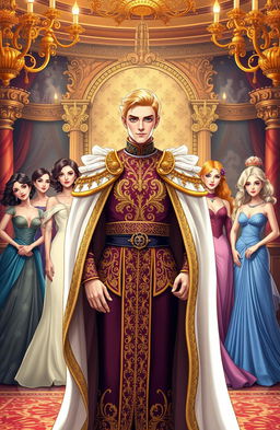 A regal blonde king stands confidently at the forefront of a beautifully illustrated royal romance book cover