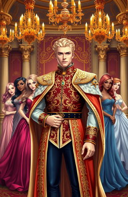 A regal blonde king stands confidently at the forefront of a beautifully illustrated royal romance book cover