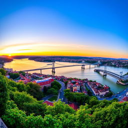 A stunning panoramic view of the seven iconic bridges of Porto, Portugal, each bridge uniquely showcased with its name: 1