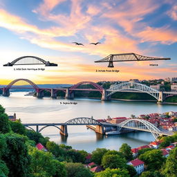 A stunning panoramic view of the seven iconic bridges of Porto, Portugal, each bridge uniquely showcased with its name: 1