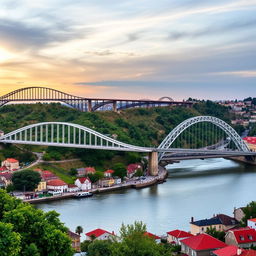 A stunning panoramic view of the seven iconic bridges of Porto, Portugal, each bridge uniquely showcased with its name: 1