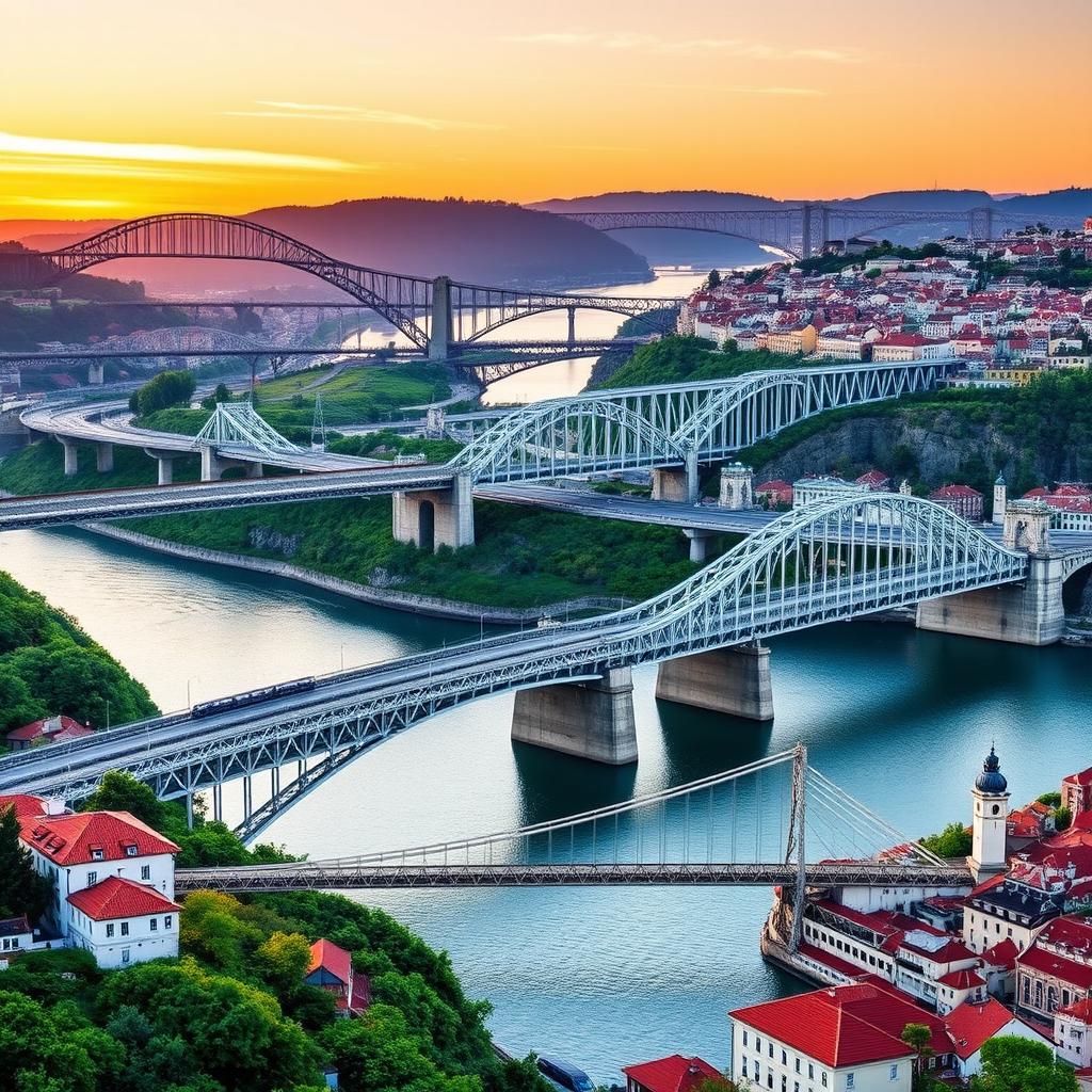 A stunning panoramic view of the seven iconic bridges of Porto, Portugal, each bridge uniquely showcased with its name: 1