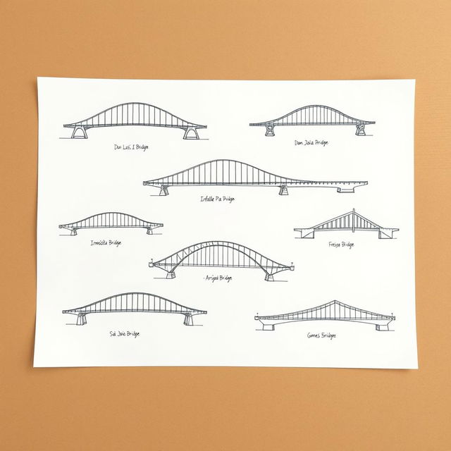 A detailed sketch illustration of the seven iconic bridges of Porto, Portugal, on a plain white paper background