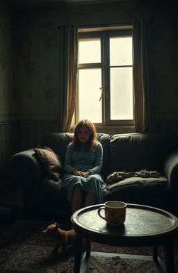 An emotional scene depicting a woman sitting on a worn-out sofa in a dimly lit living room