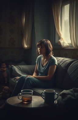 An emotional scene depicting a woman sitting on a worn-out sofa in a dimly lit living room