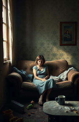 An emotional scene depicting a woman sitting on a worn-out sofa in a dimly lit living room