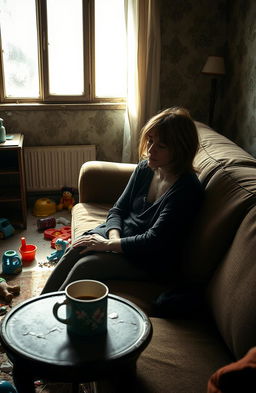 An emotional scene depicting a woman sitting on a worn-out sofa in a dimly lit living room