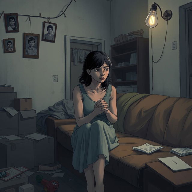 A somber scene illustrating a broken home setting, featuring a dimly lit room with a woman sitting on the edge of a threadbare sofa