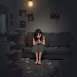 A somber scene illustrating a broken home setting, featuring a dimly lit room with a woman sitting on the edge of a threadbare sofa