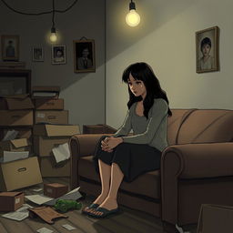 A somber scene illustrating a broken home setting, featuring a dimly lit room with a woman sitting on the edge of a threadbare sofa