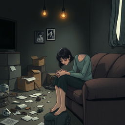 A somber scene illustrating a broken home setting, featuring a dimly lit room with a woman sitting on the edge of a threadbare sofa