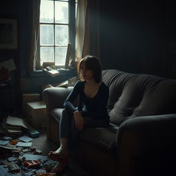 A poignant vertical scene showcasing a woman sitting on a worn sofa in a broken home