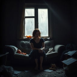 A poignant vertical scene showcasing a woman sitting on a worn sofa in a broken home