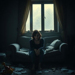 A poignant vertical scene showcasing a woman sitting on a worn sofa in a broken home