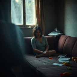 A poignant vertical scene showcasing a woman sitting on a worn sofa in a broken home