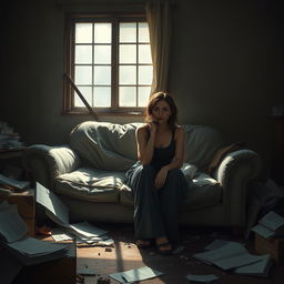 A poignant vertical composition illustrating a woman sitting on a worn, sagging sofa in a broken home