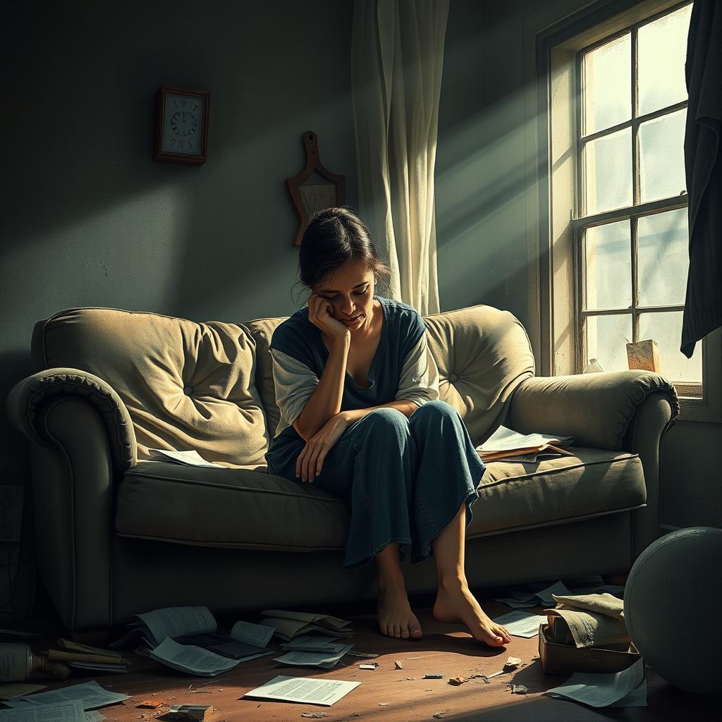 A poignant vertical composition illustrating a woman sitting on a worn, sagging sofa in a broken home