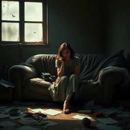 A poignant vertical composition illustrating a woman sitting on a worn, sagging sofa in a broken home