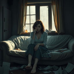 A poignant vertical composition illustrating a woman sitting on a worn, sagging sofa in a broken home