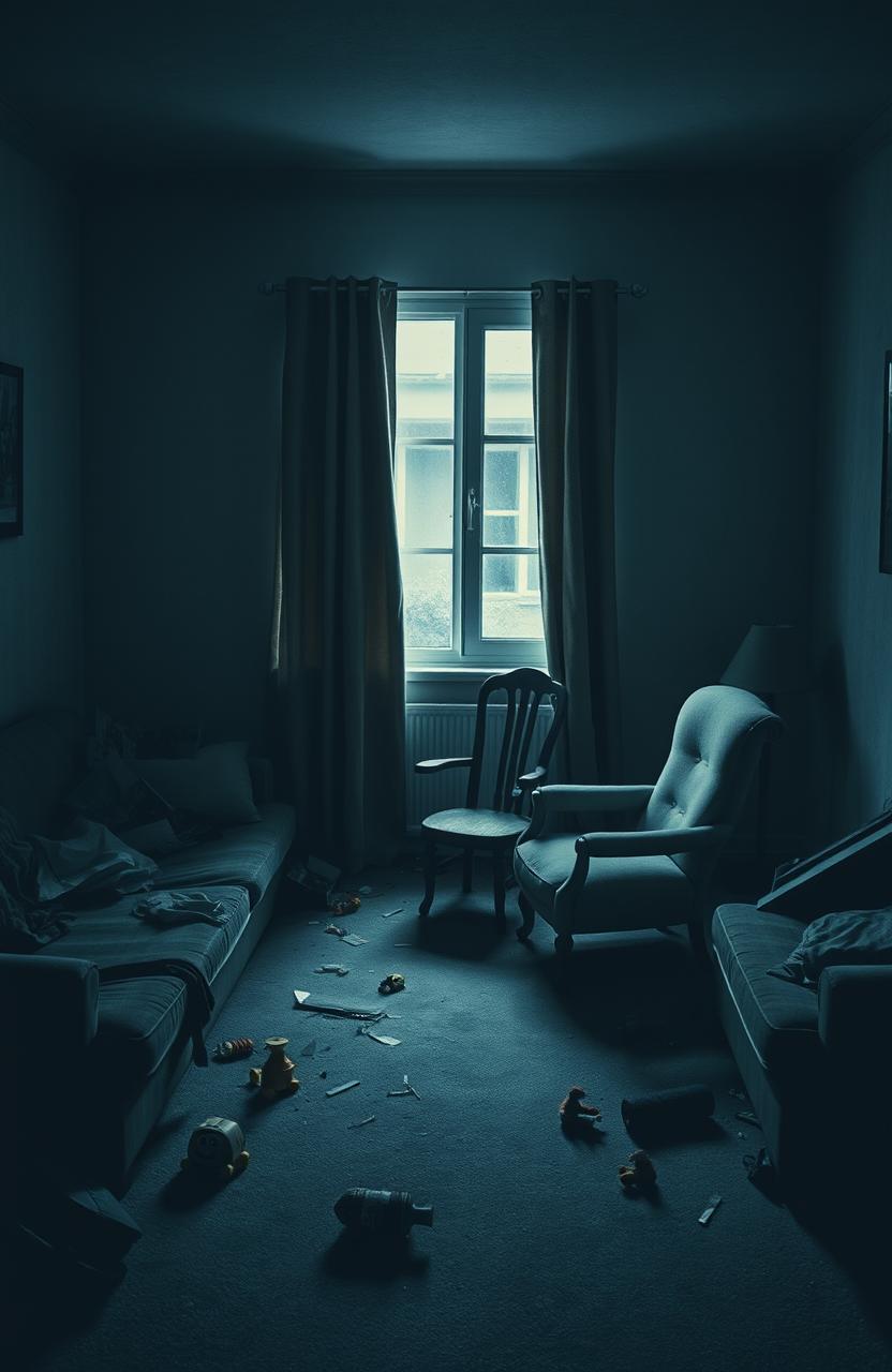 A poignant scene depicting a broken home, with dim lighting emphasizing the melancholy atmosphere