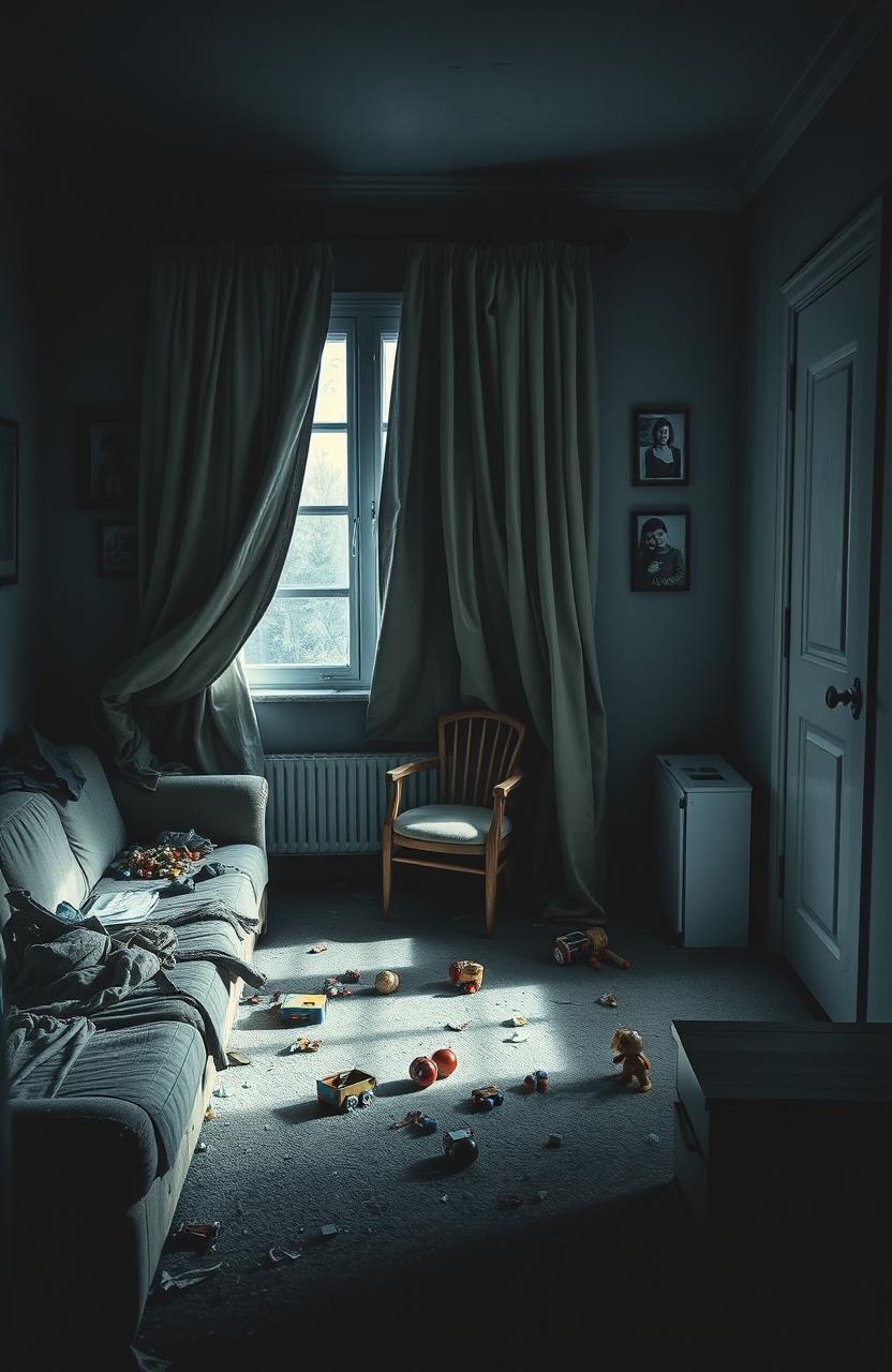 A poignant scene depicting a broken home, with dim lighting emphasizing the melancholy atmosphere