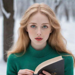 A beautiful, slender woman with green eyes and golden hair. She has snow-white skin and slender lips. She emanates a sense of loneliness and introversion, absorbed in reading a book in a public setting.