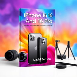 A beautifully designed cover for a detailed photography guide titled 'iPhone 16 and 16 Pro: A Detailed Guide for Basic and Professional Photography'