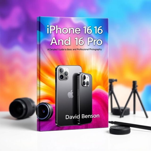 A beautifully designed cover for a detailed photography guide titled 'iPhone 16 and 16 Pro: A Detailed Guide for Basic and Professional Photography'