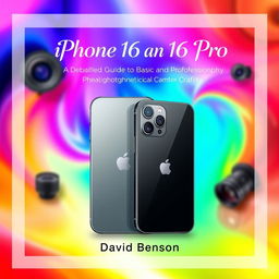 A beautifully designed cover for a detailed photography guide titled 'iPhone 16 and 16 Pro: A Detailed Guide for Basic and Professional Photography'