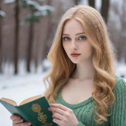 A beautiful, slender woman with green eyes and golden hair. She has snow-white skin and slender lips. She emanates a sense of loneliness and introversion, absorbed in reading a book in a public setting.