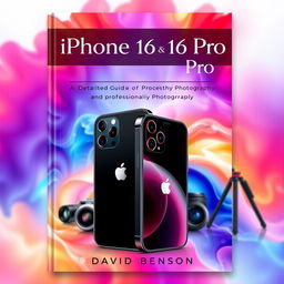 A beautifully designed cover for a detailed photography guide titled 'iPhone 16 and 16 Pro: A Detailed Guide for Basic and Professional Photography'