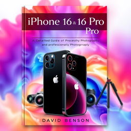 A beautifully designed cover for a detailed photography guide titled 'iPhone 16 and 16 Pro: A Detailed Guide for Basic and Professional Photography'