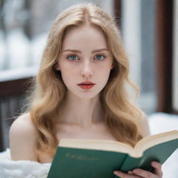 A beautiful, slender woman with green eyes and golden hair. She has snow-white skin and slender lips. She emanates a sense of loneliness and introversion, absorbed in reading a book in a public setting.